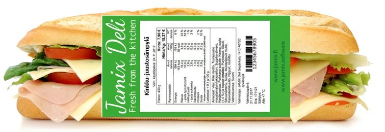 Elintarvike tuoteseloste etiketti - JAMIX-keittiöjärjestelmä